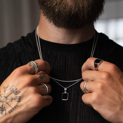 NASZYJNIK Z ONYKSEM ZESTAW ŁAŃCUSZEK WĄŻ SREBRO 925 RODOWANE - IDENTIM®